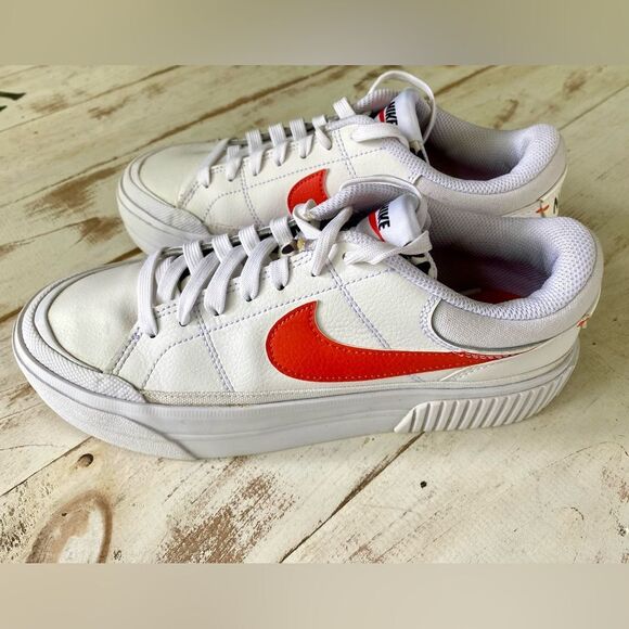 NIKE Court Legacy Lift sneakers orange coral swoosh women's sz 7 EUC streetwear - Picture 1 of 14